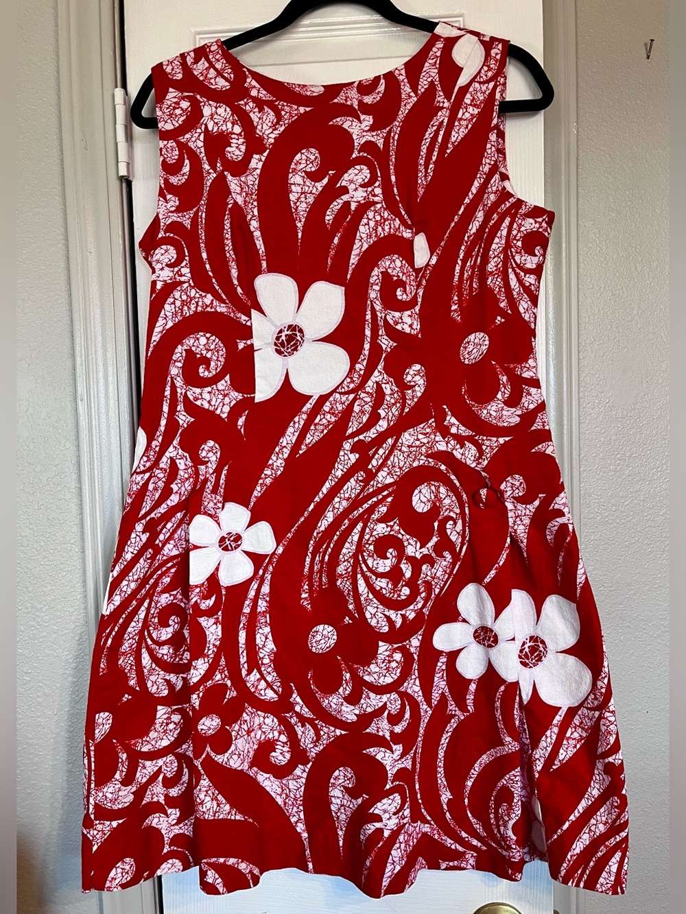 Vintage Retro red & white Hawaiian barkcloth zip up shift dress size medium